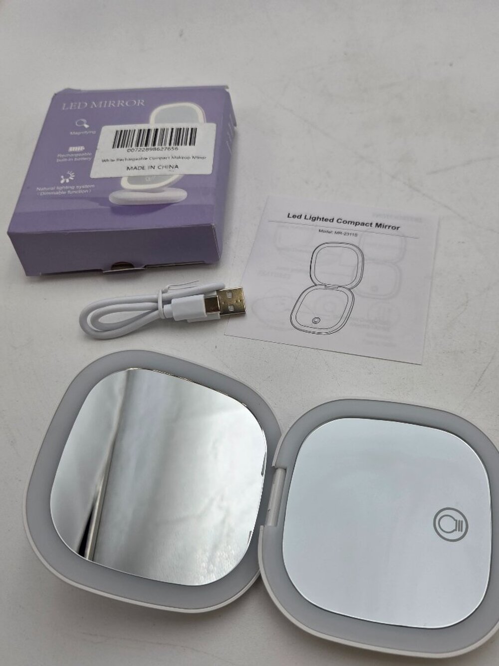 Compact Makeup Vanity Mirror with LED Light White Rechargeable Portable